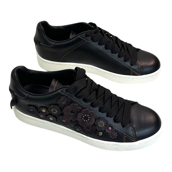 Coach Tea Rose Low Top, Leather Sneakers Black/Floral Details Women’s Size: 7.5 - Picture 7 of 16